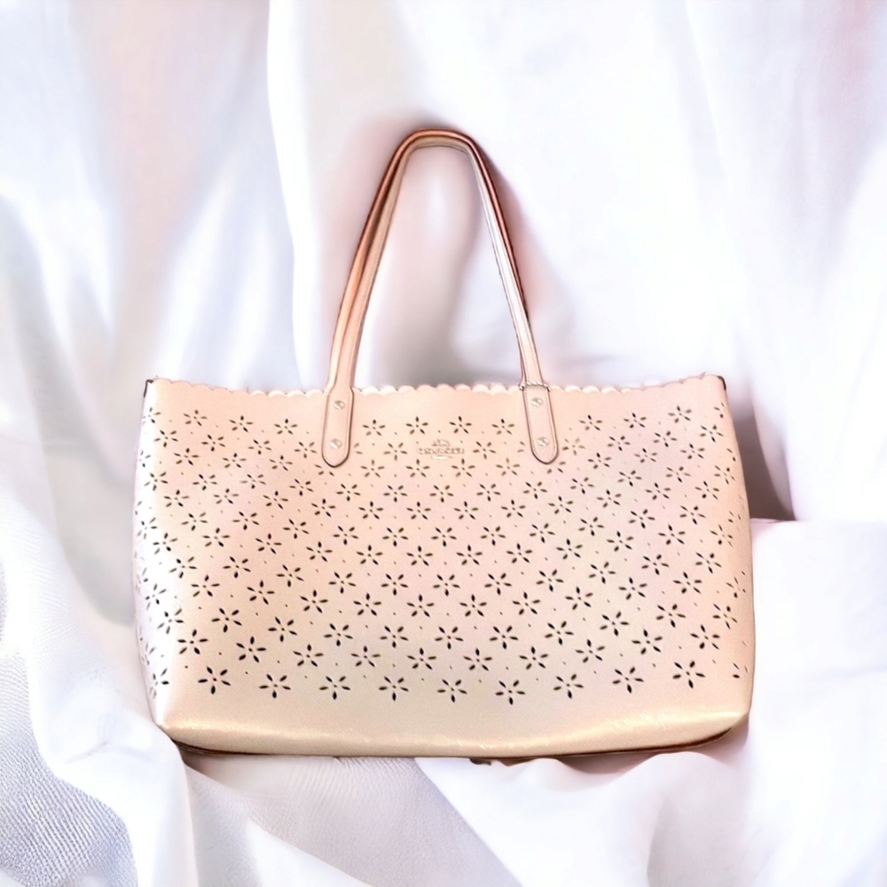 Coach leather shoulder tote purse, laser cut design pink peach gold shimmer